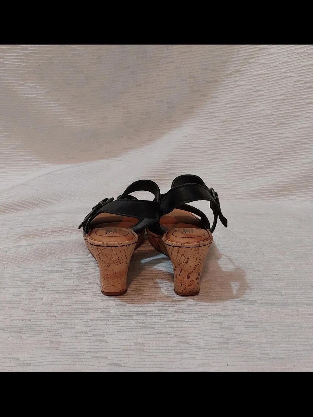 Born Black Leather Wedge Sandals with Cork Heel Women's Size 10M